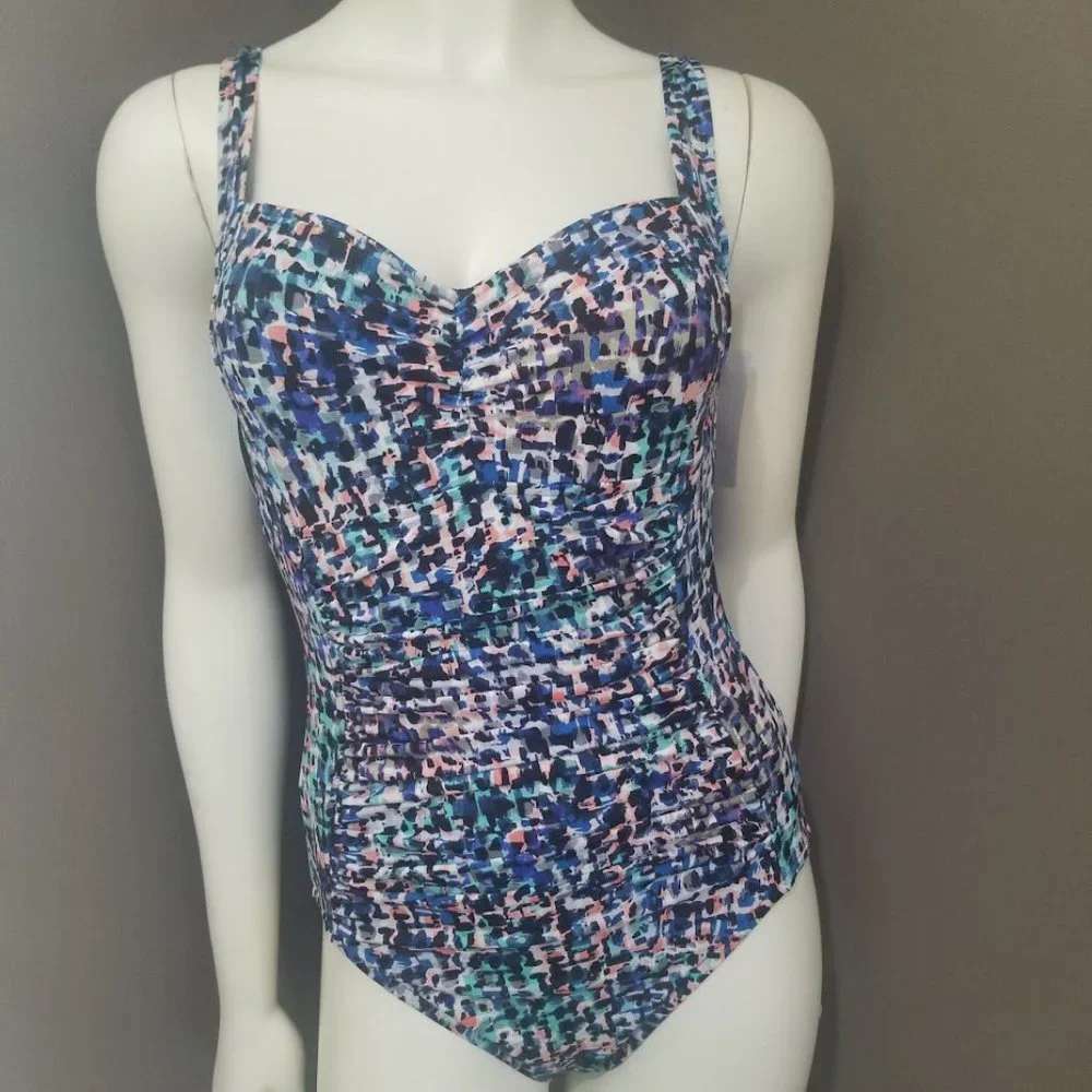 Swim Solutions Shirred-Front Tummy-Control One-Piece Swimsuit Size 10 - Picture 2 of 10